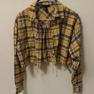 Forever 21 Yellow and Black Plaid Frayed Hem Shirt